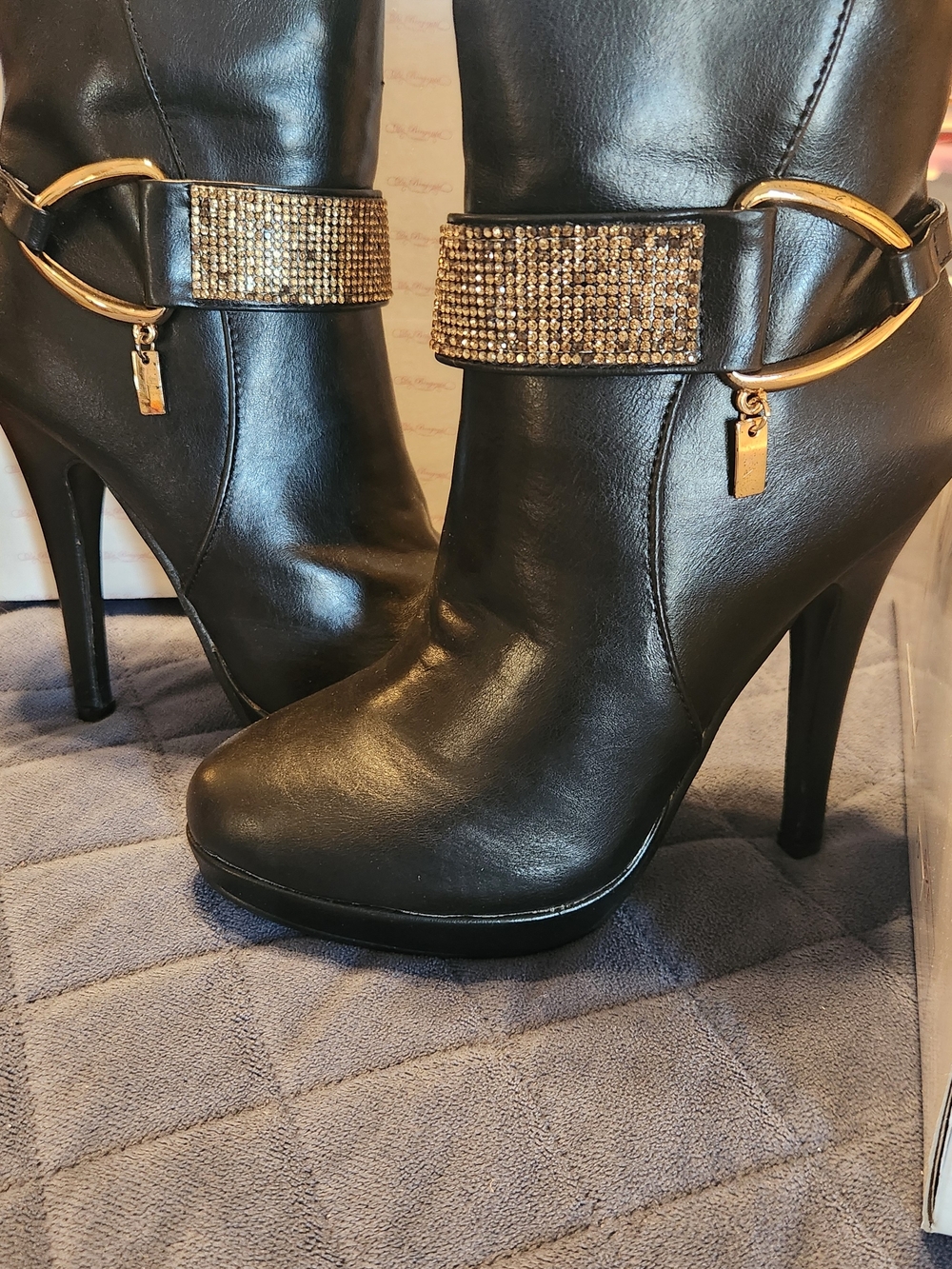 Women's Black High-Heel Ankle Boots with Gold Crystal Strap Accent